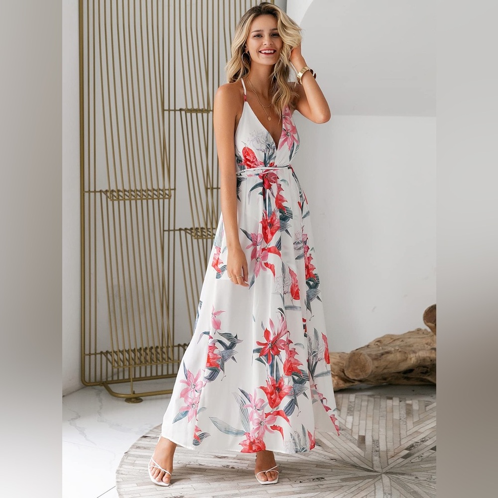 Simplee Floral print Backless Split Thigh maxi Dress Women’s L